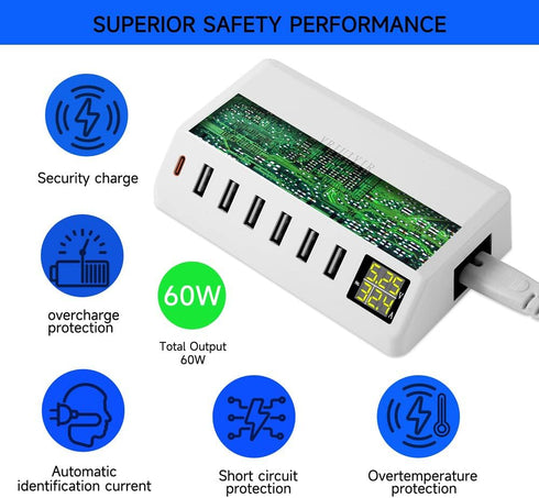USB Charging Station, 60W/12A 7-Port USB Charger with LED Display for Multiple Devices, PD20W USB C Charger (White)