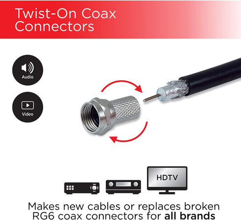 UltraPro RG6 F-Type Twist-On Coaxial Connector, 4 Pack, Replace Connectors or Assemble Custom Cables, No Tools Required, 52181
