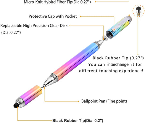 Capacitive Stylus Pen, 4-in-1 High Sensitivity Touch Screen Stylus with Clear Disc Tip, Black Rubber & Mesh Fiber Tip