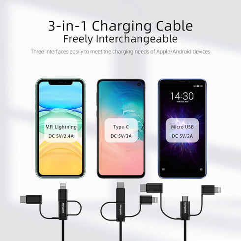 Mangotek 3-in-1 Charging Cable, Apple MFi Certified Adapter with USB A to Lightning/Type C/Micro USB Connectors