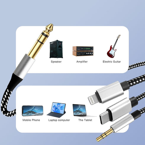 6.56FT MFi Certified Lightning to 1/4 Inch TRS Cable - 3-in-1 Stereo 1/4 TRS Cable for Headphone AMP (Lightning