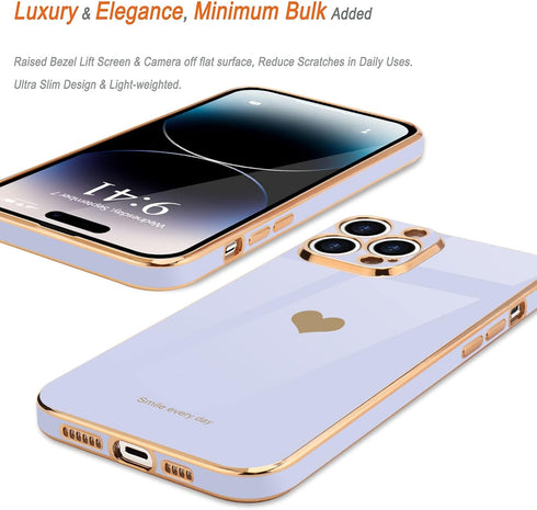 Teageo Cute Love Heart Luxury Plating Case for iPhone 14 Pro, Soft Bling Back Cover with Raised Camera Protection