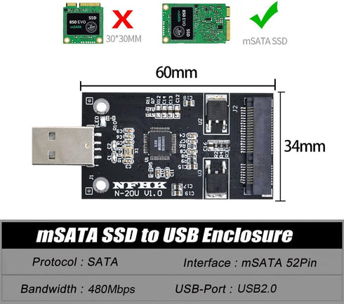 NFHK Mini PCI-E mSATA to USB 2.0 External SSD Adapter, Pen Driver Card Without Case