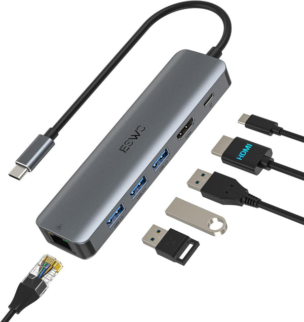 JESWO USB C Hub, USB C Multiport Adapter Hub with RJ45 Ethernet, 4K