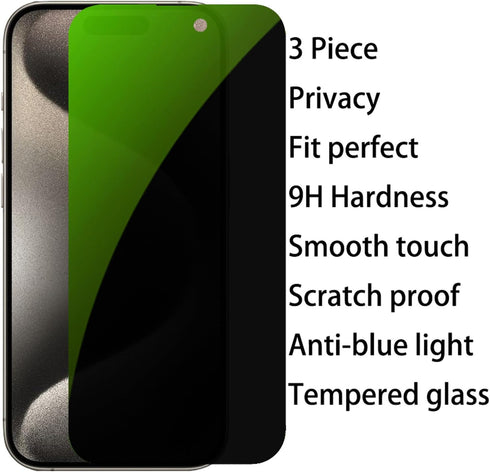 3 PCS Anti-Blue Privacy Tempered Glass for iPhone 15 Pro Max, Anti-Spy Screen Protector 9H Hardness, 6.7 inch (Green)