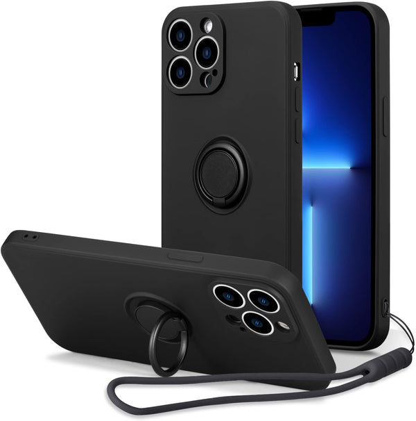 UEEBAI Slim Liquid Silicone Case for iPhone 13 Pro Max (6.7 inch) with 360 Rotatable Ring Holder Kickstand - Black