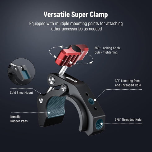 NEEWER Super Clamp with Cold Shoe & 1/4 Inch/3/8 Inch Thread Holes, Max Load 4 kg, Crab Shaped Tripod Holder, Red ST81