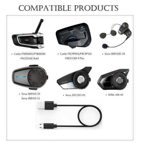 Charger Cable for Cardo PTB00001/PTB00040-PACKTALK Bold, FRC4P001/FRC4P101-FREECOM 4 Plus, Sena SMH10D-10, 10-10, 10R, 10-11, 20S-01, EVO, 30K-01, SPH10 Motorcycle bluetooth headset Micro cable