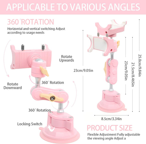 Suction Cup Phone Mount Car 360° Rotating, Universal Ball Head Arm for Video Recording, 1pc Pink