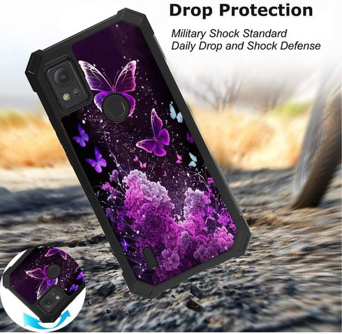 Cricket Icon 5/att Motivate 4 Phone Case with Screen Protector, Slim TPU Rugged Bumper, Purple Butterflies