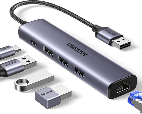 UGREEN USB to Ethernet Adapter, 5 in 1 Hub with Gigabit RJ45, 3 USB 3.0 Ports, USB-C Power for Laptop