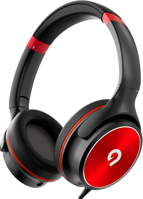 Kids Headphones (Black-Red) with 85dB/94dB Volume Limiter, Foldable HD Stereo Sound, Microphone for Kindle/iPad/Laptop.