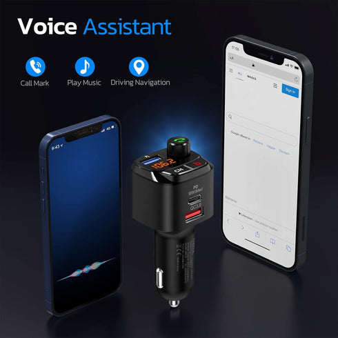 Nulaxy Bluetooth 5.0 FM Transmitter for Car, QC3.0 & USB-C PD 18W Wireless Radio Adapter with Bass Booster, Hands-Free