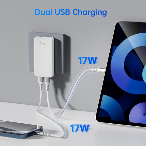 BUDI 17W Extra Slim Portable Wall Charger / 2-Port USB-A Wall Charger / Convenient Travel Accessories for iPad, iPhone
