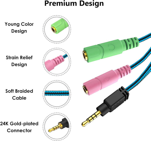 MillSO Headphone Mic Splitter, 3.5mm Headset Adapter, 2 TRS Female to TRRS Male Y Cable for Gaming Headset
