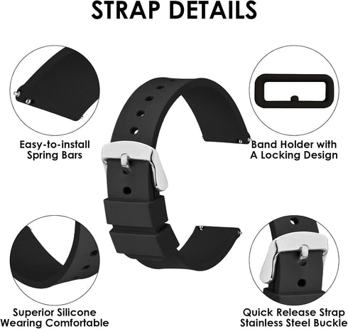 2 Pcs Quick-Release Silicone Watch Bands, Waterproof Soft Straps with Stainless Steel Buckle for Smart Watch