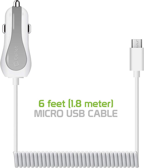 Cellet Micro-USB Car Charger with Built-in Coiled 4ft Long Micro USB Cable (Fast Charging 2.4 Amp)