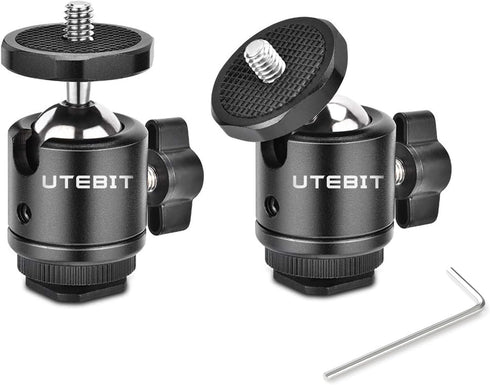 UTEBIT 2 Pack Mini Ball Head with 1/4" Hot Shoe Mount Adapter, 360° Swivel for DSLR Camera