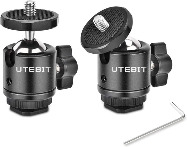 UTEBIT 2 Pack Mini Ball Head with 1/4" Hot Shoe Mount Adapter, 360° Swivel for DSLR Camera