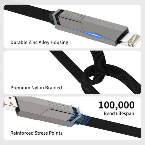 USB C Cable, 4-in-1 USB-C Lightning Cable (4ft), 100W Fast Charging Flat Braided Cord for iPhone, iPad, MacBook