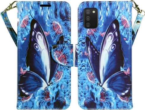Zase Wallet Phone Case for Samsung Galaxy A02s A03s, PU Leather Flip Folio Cover with Kickstand, ID Card Slot, Blue