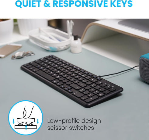 Perixx PERIBOARD-213U Wired Silent USB Scissor Keyboard, Compact Design with Number Pad - Black - US English