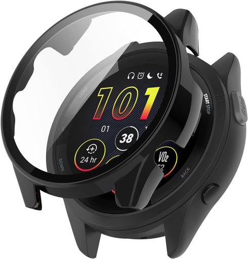 Smartwatch Full Coverage PC Protective Case Cover with Tempered Glass Screen Protector Compatible with Garmin Forerunner 165/Forerunner 165 Music Smartwatch Accessories(Black)