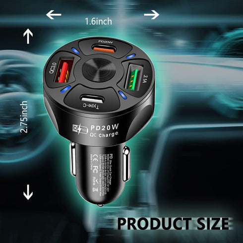 65W 4 Ports Car Fast Charging Charger with QC 3.0 15W & PD 20W for iPhone 14 13 12 Pro Max, S22 S21