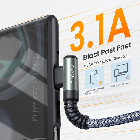 AINOPE USB to USB C Cable 2-Pack, 3.3FT Fast Charge, Right Angle, Durable Nylon, Compatible with Galaxy