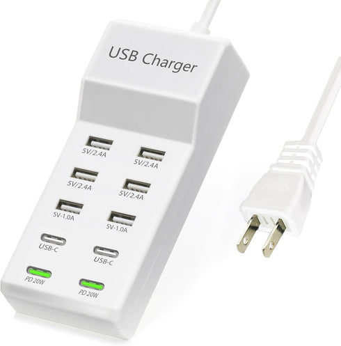 USB Charger, 100W Charging Station with 10-Port (6 USB-A & 2 USB-C) Compatible with iPhone 15/14/13/12/11