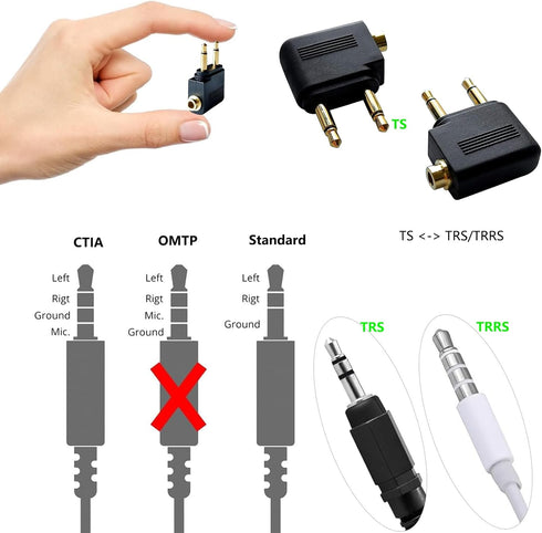 Dual Pin Airplane Headphone Adapter: Gold Plated 3.5mm Male Mono TS to 3.5mm Female Stereo TRS Jack.