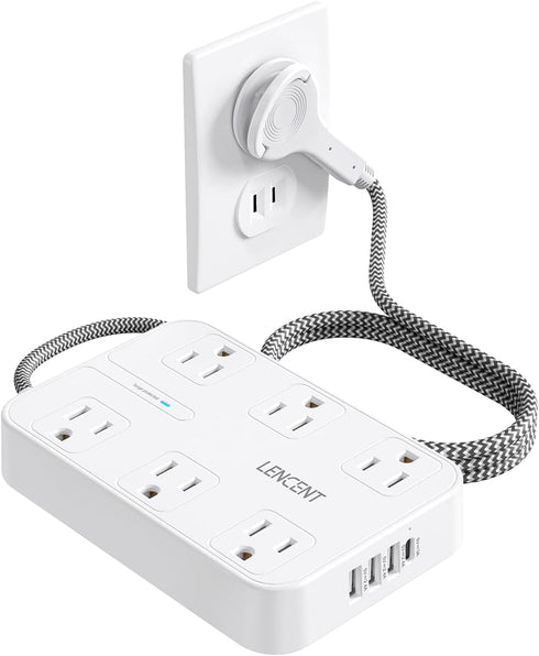 LENCENT 2 Prong Power Strip, 3 to 2 Prong Outlet Adapter, 6ft Braided Extension Cord with Thin Flat Plug, 6 AC & 4 USB