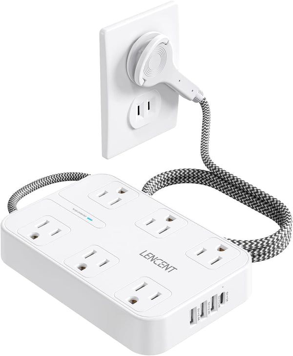 LENCENT 2 Prong Power Strip, 3 to 2 Prong Outlet Adapter, 6ft Braided Extension Cord with Thin Flat Plug, 6 AC & 4 USB