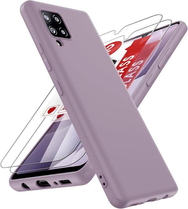 LeYi Phone Case for Samsung Galaxy A42 5G, Liquid Silicone Slim Cover with 2 Pack Tempered Glass Protector, Purple