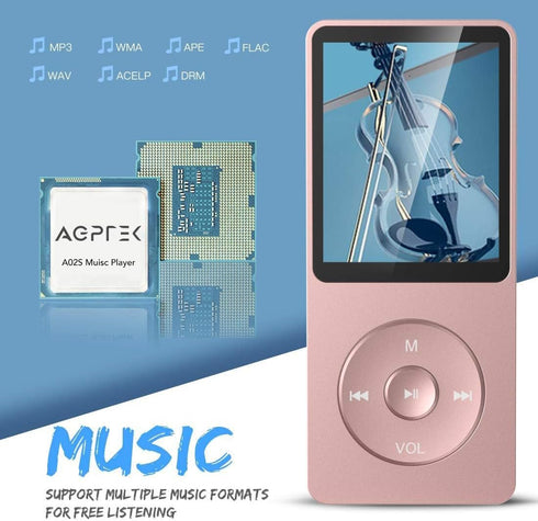 AGPTEK A02S 16GB MP3 70 128GB, Player, Hours Playback Lossless Sound Music Player, Supports up to Rose Gold