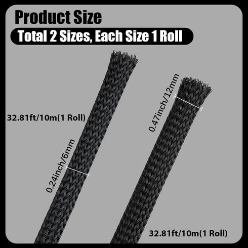 65.6 2 ft Sizes PE Cable Protectors Expandable Braided Sleeving Tubing Flexible Wire Mesh Sleeve Loom Black Wiring