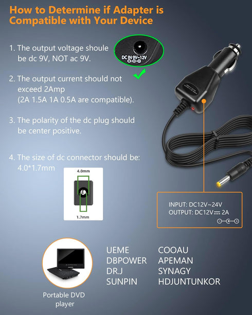 DC 12V Car Charger for Portable DVD Player, Replacement Car Cigarette Lighter Adapter Power Cord, 6ft Extra Long