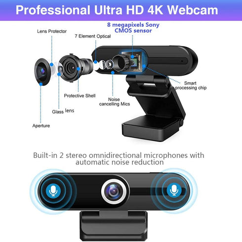 HDZIYU 4K 8MP Webcam with Microphone and Tripod, USB Web Camera for PC and Laptop, Widescreen for Video Calling