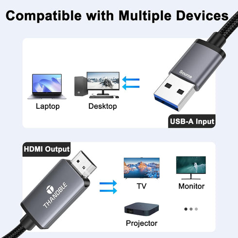 THANDBLE 6FT, 1080P 60Hz 3.0 7/8/10/11 USB to HDMI Adapter Cable USB A to HDMI Adapter for Monitor, TV, Projector