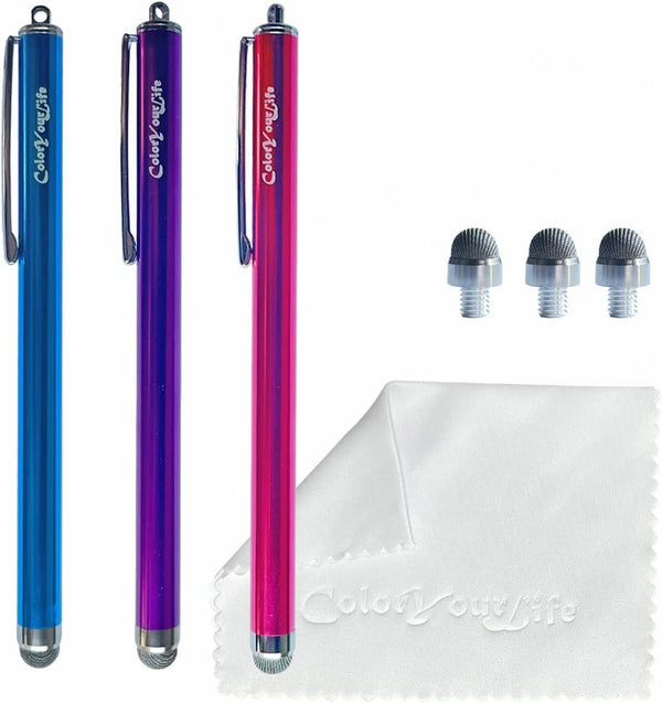 3-Pack 5.3'' Micro-Knit Mesh Tip Capacitive Stylus Pens for Touch Screens with Replaceable Fiber Tips and Cleaning Cloth