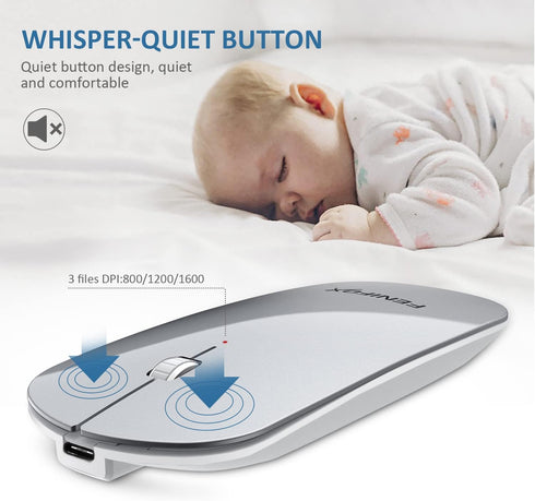 FENIFOX Bluetooth Mouse, Slim Mini Portable Wireless Rechargeable Quiet Ultra-Thin Mice (Silver and White)