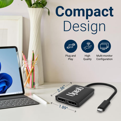uptab USB C to DisplayPort Dual Monitor Adapter Hub - Dual 4K 60Hz Multi Monitors Splitter for Windows PC and macOS