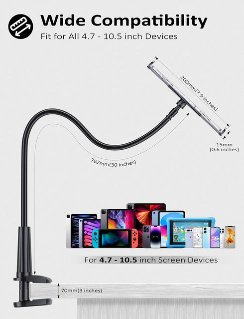 Tryone 30in 4.7-10.5 30in Gooseneck Kindle&Tablet Holder for Bed Hands-Free Reading on Bed Headboard for iPad, Kindle