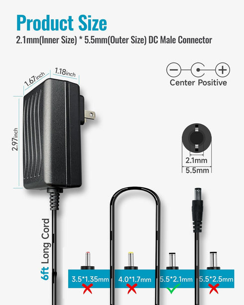 2 Pack 5V 2A 6ft Power Supply Adapter, AC to DC 10W Replacement Power Cord for Security Camera Baby Monitor