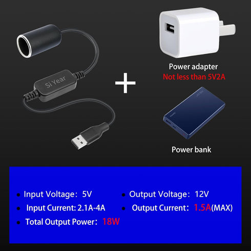 SiYear 12V 18W (0.3m/1FT) USB A Male to Cigarette Lighter Socket Adapter Power Cable for Driving Recorder, Radar