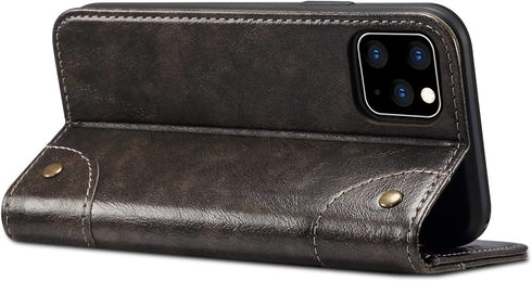 SINIANL iPhone 11 Pro Max Leather Case - Wallet Folio Case with Magnetic Closure and ID Holder, Dark Grey