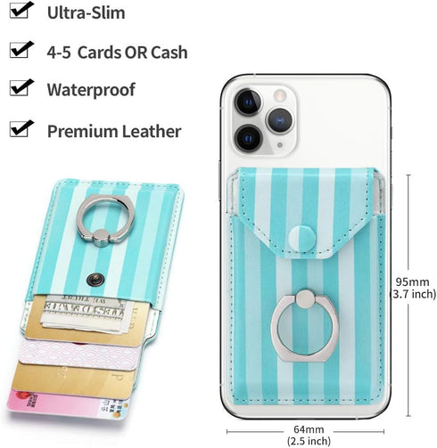 RFID Cell Phone Card Holder Stick on Wallet for Back of Phone, Green Striped for iPhone Android Smartphones