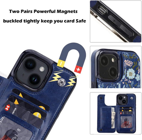 uCOLOR Wallet Case for iPhone 15 Plus 6.7" with Card Holder Slot, Flip PU Leather Kickstand, RFID Blocking, Navy Blue