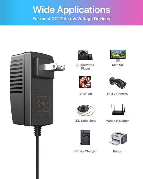 ZOSI DC 12V 1A 1000mA US CCTV Power Supply Adapter, 3m Long Power Cords for Home Security Camera