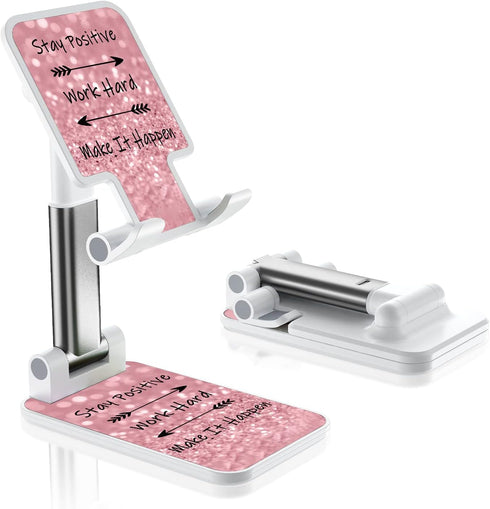 Adjustable Angle Foldable Phone Stand for Desk, iPad Holder for iPhone and Samsung, Pink Letters Desk Accessories